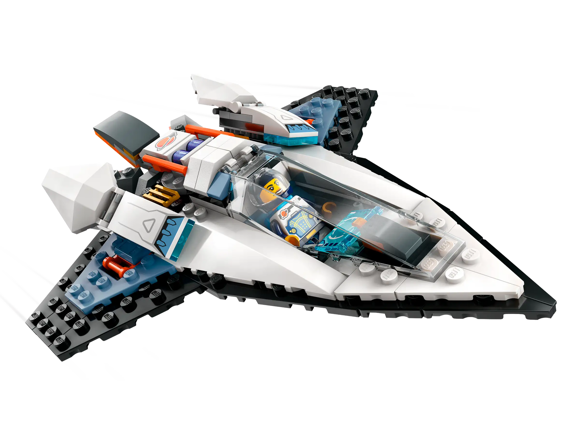 The LEGO® City Interstellar Spaceship by LEGO® features black, white, and blue bricks, a cockpit with a minifigure inside, and angular wings.