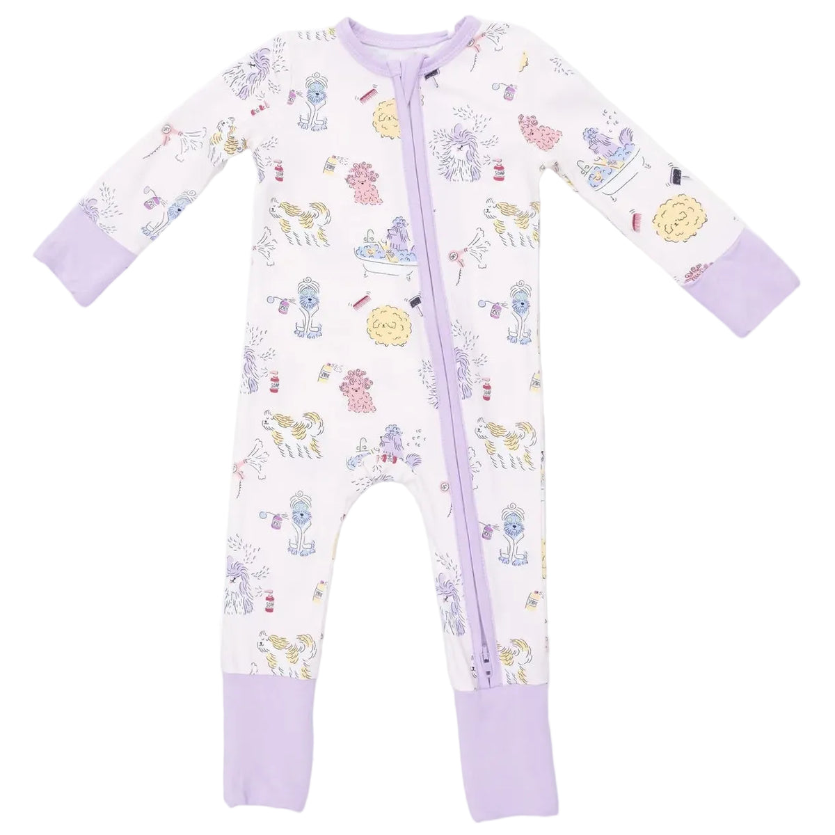 Wrap your little one in comfort with the Angel Dear Baby Convertible Romper. Featuring long sleeves, pastel animal and circus-themed prints, lavender cuffs, and a diagonal lavender zipper from neck to leg, this ultra-soft bamboo fiber romper is designed for the coziest sleep. Enjoy versatile wear and snug comfort with these sweet baby PJs.