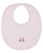 The Kissy Kissy Fairway Foursome Striped Bib is made from soft Pima cotton, featuring pink and white stripes with an embroidered pink scooter design in the center.