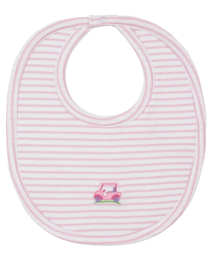 The Kissy Kissy Fairway Foursome Striped Bib is made from soft Pima cotton, featuring pink and white stripes with an embroidered pink scooter design in the center.