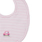 The Kissy Kissy Fairway Foursome Striped Bib features pink and white stripes, crafted from soft Pima cotton, with an embroidered purple and pink car.