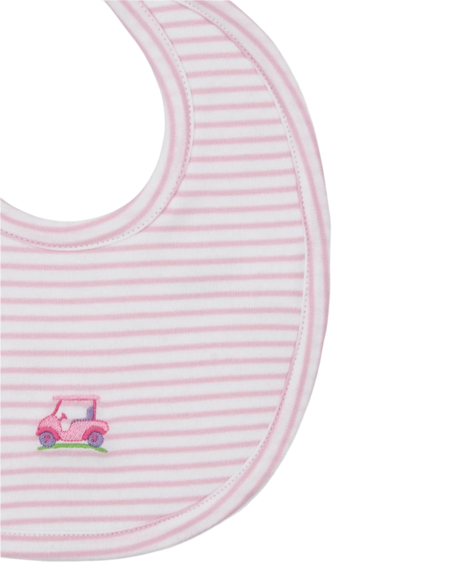 The Kissy Kissy Fairway Foursome Striped Bib features pink and white stripes, crafted from soft Pima cotton, with an embroidered purple and pink car.