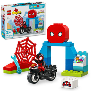 LEGO® DUPLO® Spin's Motorcycle Adventure includes 24 pieces with Spider-Man, a motorcycle, web, archway, blocks, and box—perfect as a preschool Marvel learning toy.