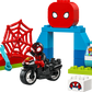 The LEGO® DUPLO® Spin's Motorcycle Adventure playset features Spider-Man on a motorcycle, red web, blue and red blocks, and a large Spider-Man face block—ideal for preschoolers' creative learning and Marvel-themed fun!.