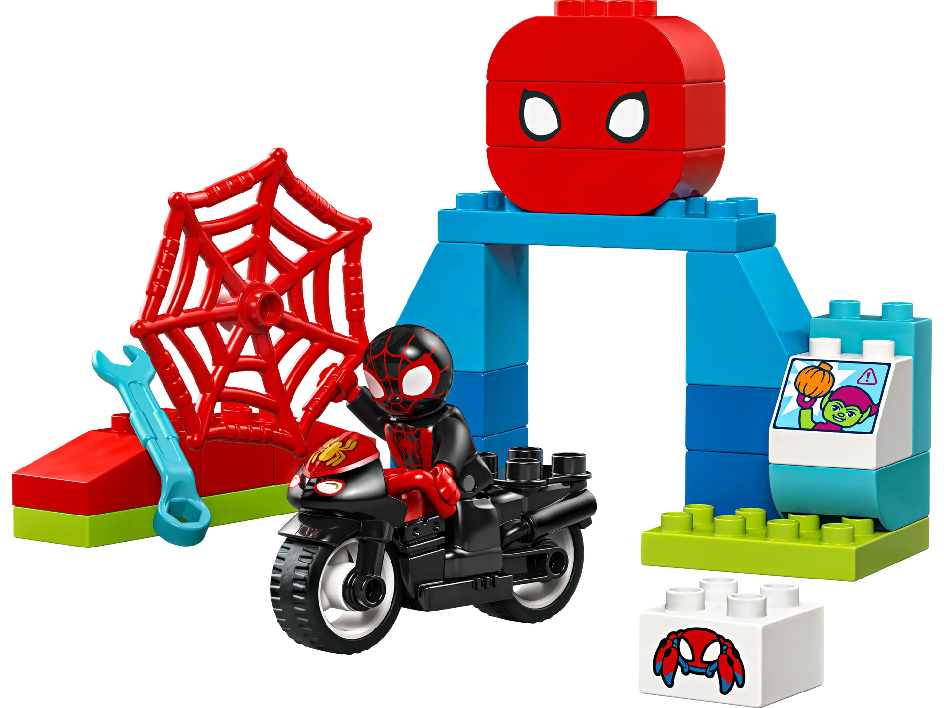 The LEGO® DUPLO® Spin's Motorcycle Adventure playset features Spider-Man on a motorcycle, red web, blue and red blocks, and a large Spider-Man face block—ideal for preschoolers' creative learning and Marvel-themed fun!.