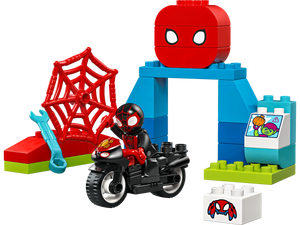 The LEGO® DUPLO® Spin's Motorcycle Adventure playset features Spider-Man on a motorcycle, red web, blue and red blocks, and a large Spider-Man face block—ideal for preschoolers' creative learning and Marvel-themed fun!.