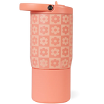 HydroJug Sport Water Bottle 14oz in a peach color features a floral checkerboard pattern and a flip-top lid, shown against a plain background—perfect as a stylish insulated bottle for kids.