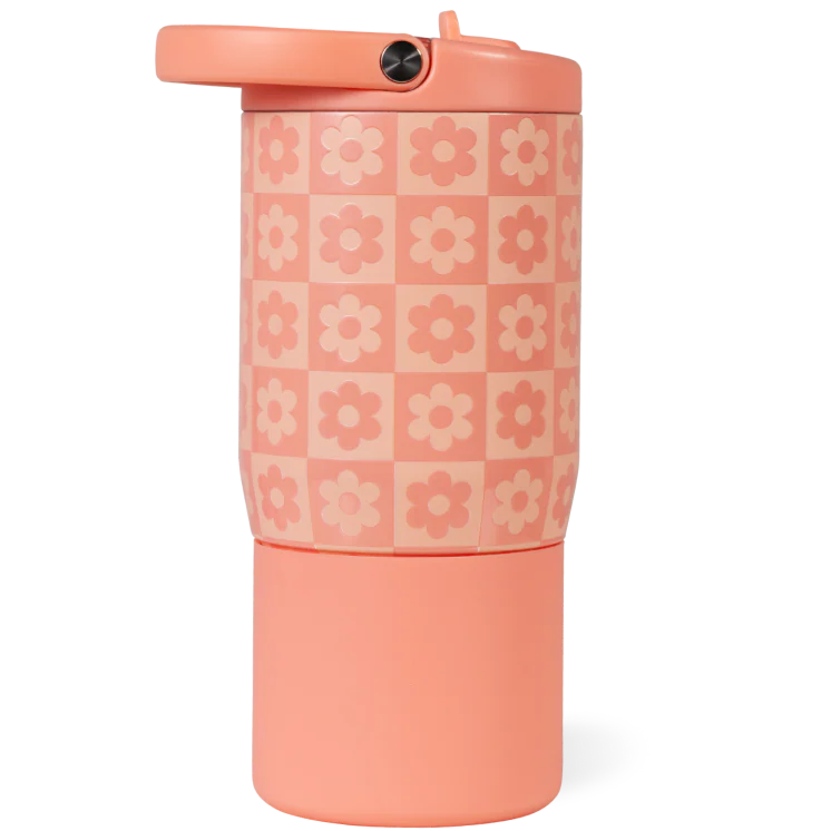 HydroJug Sport Water Bottle 14oz in a peach color features a floral checkerboard pattern and a flip-top lid, shown against a plain background—perfect as a stylish insulated bottle for kids.
