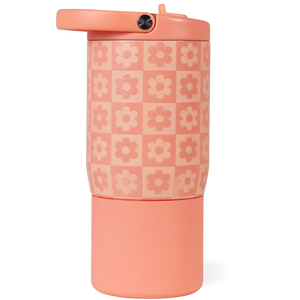 HydroJug Sport Water Bottle 14oz in a peach color features a floral checkerboard pattern and a flip-top lid, shown against a plain background—perfect as a stylish insulated bottle for kids.