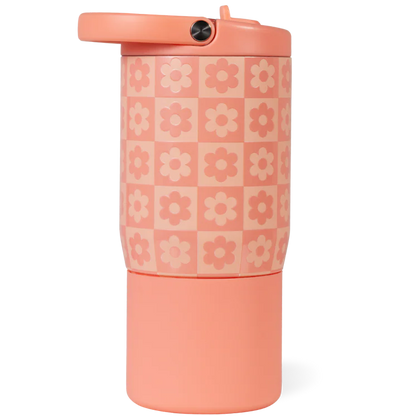 HydroJug Sport Water Bottle 14oz in a peach color features a floral checkerboard pattern and a flip-top lid, shown against a plain background—perfect as a stylish insulated bottle for kids.