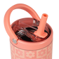 Close-up of the HydroJug Sport Water Bottle 14oz in pink, featuring a handle, floral pattern, transparent lid, and built-in straw—perfect as a leakproof kids bottle for everyday use.