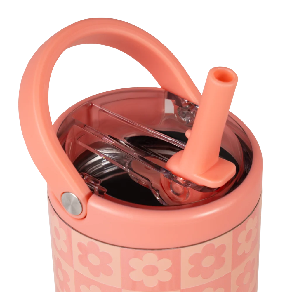 Close-up of the HydroJug Sport Water Bottle 14oz in pink, featuring a handle, floral pattern, transparent lid, and built-in straw—perfect as a leakproof kids bottle for everyday use.