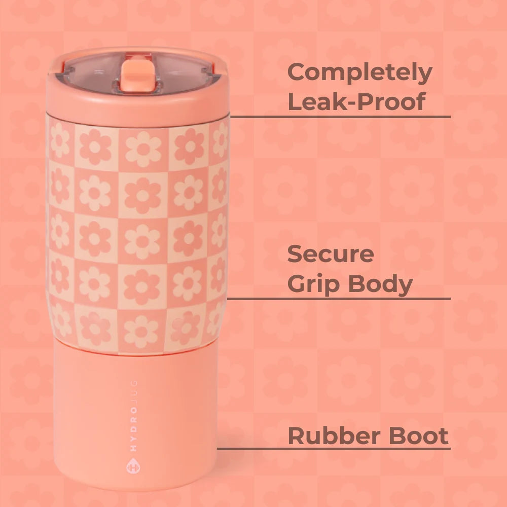 The HydroJug Sport Water Bottle 14oz in peach features a charming floral pattern, a completely leak-proof lid, secure grip body, and a rubber boot at the base—making it the perfect stylish yet practical leakproof kids bottle.