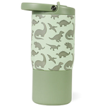 Introducing the HydroJug Sport Water Bottle 14oz in light green, featuring a flip-top lid and a playful pattern of dinosaurs and pterosaurs in darker green. This kids’ insulated bottle keeps drinks at the perfect temperature—combining fun, practicality, and adventure for young explorers.