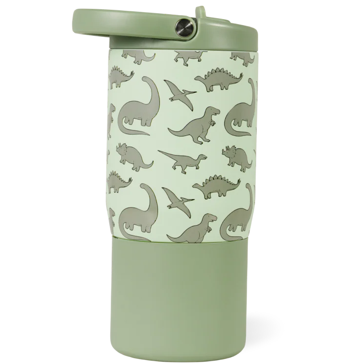 Introducing the HydroJug Sport Water Bottle 14oz in light green, featuring a flip-top lid and a playful pattern of dinosaurs and pterosaurs in darker green. This kids’ insulated bottle keeps drinks at the perfect temperature—combining fun, practicality, and adventure for young explorers.