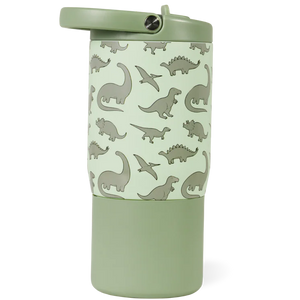 Introducing the HydroJug Sport Water Bottle 14oz in light green, featuring a flip-top lid and a playful pattern of dinosaurs and pterosaurs in darker green. This kids’ insulated bottle keeps drinks at the perfect temperature—combining fun, practicality, and adventure for young explorers.