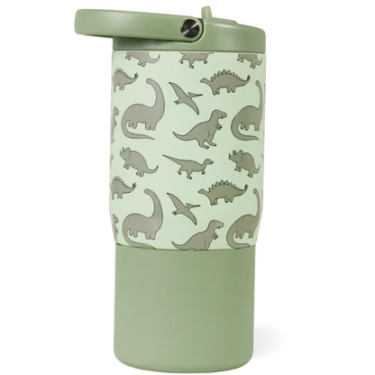 Introducing the HydroJug Sport Water Bottle 14oz in light green, featuring a flip-top lid and a playful pattern of dinosaurs and pterosaurs in darker green. This kids’ insulated bottle keeps drinks at the perfect temperature—combining fun, practicality, and adventure for young explorers.