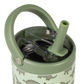Close-up of the HydroJug Sport Water Bottle 14oz in green, featuring fun dinosaur illustrations, a convenient carrying handle, a flip-top lid, and a reusable straw. This insulated kids water bottle is designed for little hands and keeps drinks cold while preventing spills.