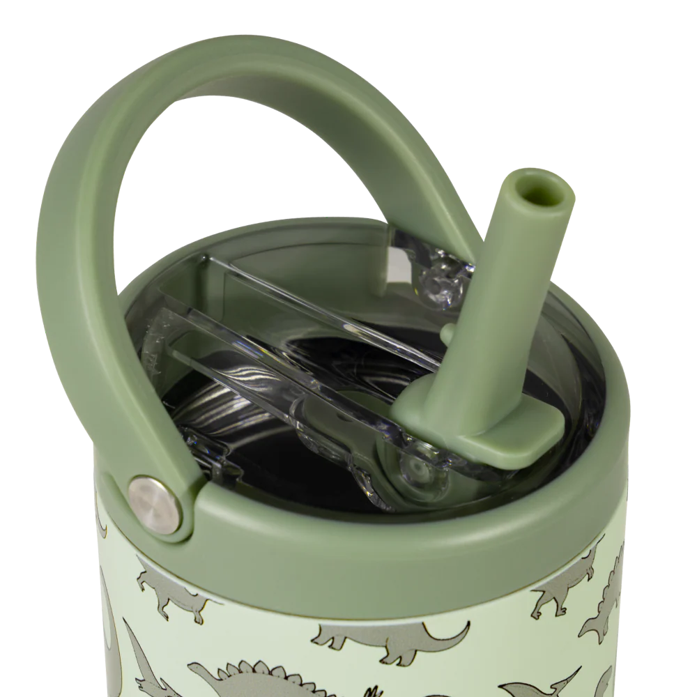Close-up of the HydroJug Sport Water Bottle 14oz in green, featuring fun dinosaur illustrations, a convenient carrying handle, a flip-top lid, and a reusable straw. This insulated kids water bottle is designed for little hands and keeps drinks cold while preventing spills.