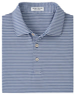 Peter Millar Cedar Performance Jersey Polo in folded blue and white stripes, featuring three buttons and made with Summer Comfort fabrication for enhanced breathability.