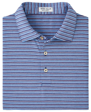 The Peter Millar Fairmont Performance Jersey Polo, in a folded blue and white striped design, features three buttons and is crafted from our Summer Comfort fabric, offering UPF 50+ protection. Perfect for those seeking style and sun safety.