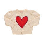 The Pink Chicken Baby Girls' Constance Sweater features long sleeves, front buttons, and a large red heart with scalloped edges—an adorable cream-colored Valentine’s Day sweater for your little one.