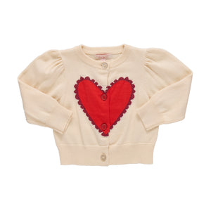The Pink Chicken Baby Girls' Constance Sweater features long sleeves, front buttons, and a large red heart with scalloped edges—an adorable cream-colored Valentine’s Day sweater for your little one.
