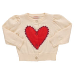 The Pink Chicken Girls' Constance Sweater is a cream cardigan with long sleeves, front buttons, and a large red heart on the chest—perfect for Valentine’s Day.