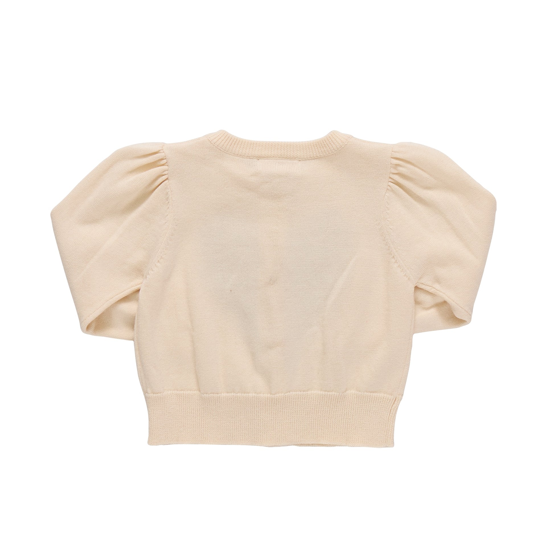 The Baby Girls' Constance Sweater by Pink Chicken is a cream-colored, short-sleeve Valentine’s Day style with puffed sleeves, shown from the back against a white background.