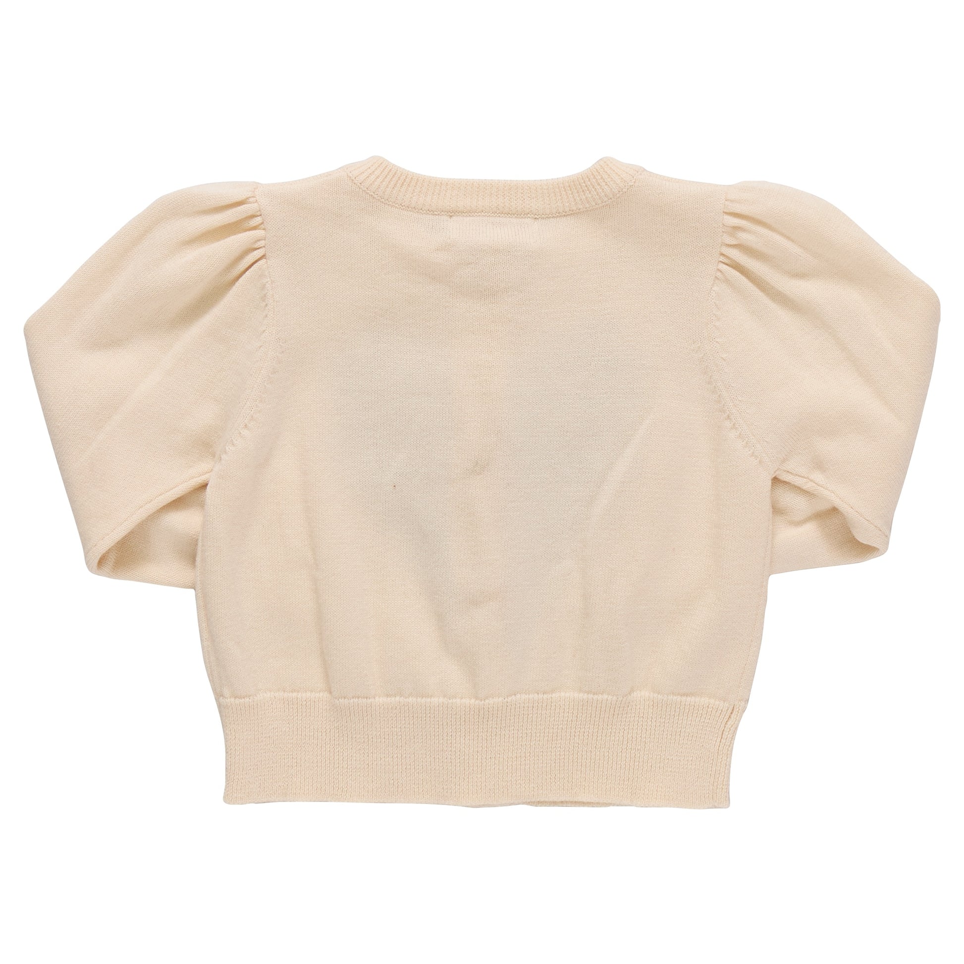 The Girls' Constance Sweater by Pink Chicken is a cream-colored, short sweater with puffed sleeves and ribbed cuffs—a charming choice for Valentine’s Day.
