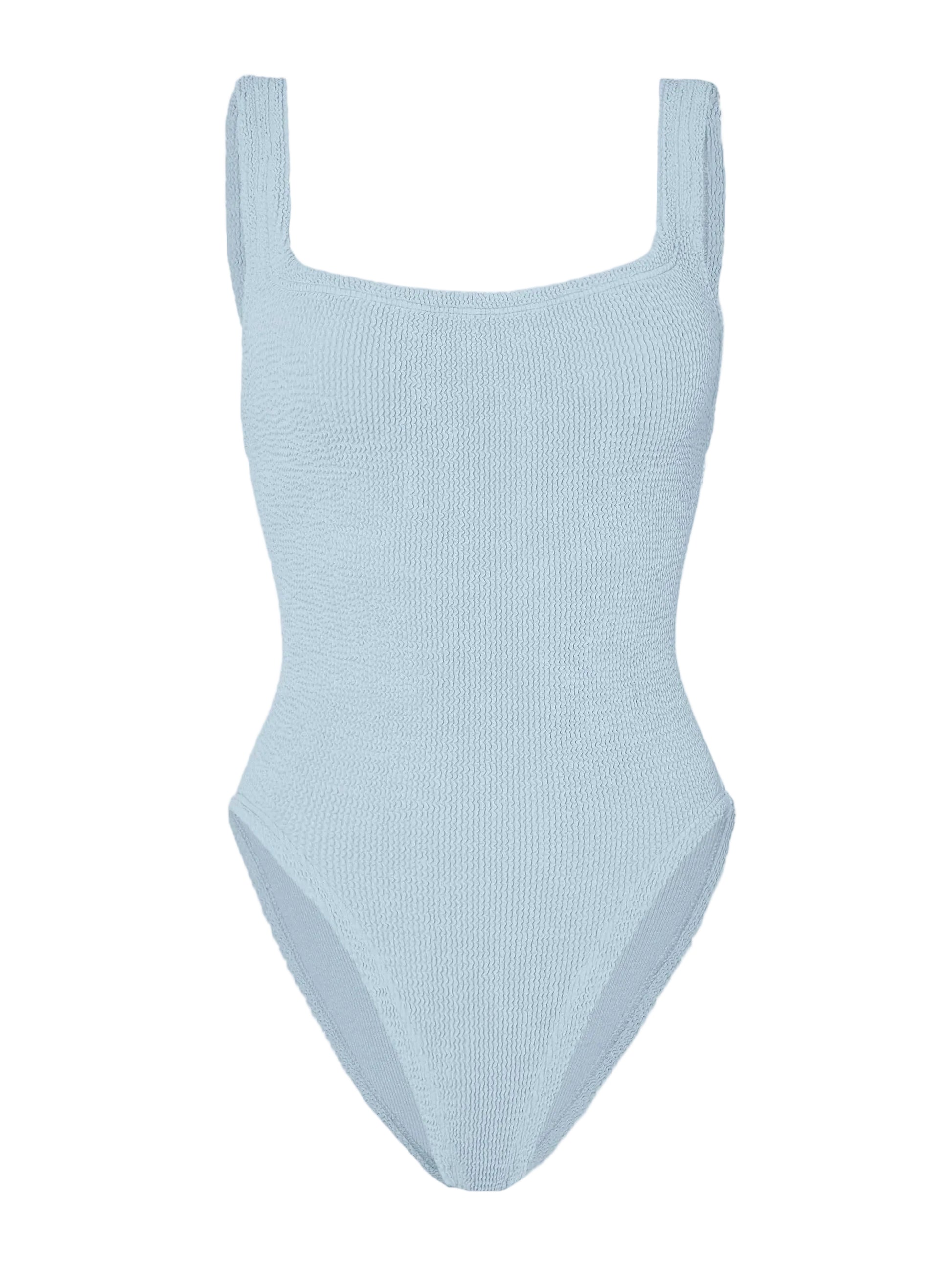 The Hunza G Square Neck Swim is a light blue one-piece crafted from signature crinkle fabric, featuring wide shoulder straps and a square neckline, shown against a plain white background.