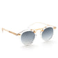 The Krewe St. Louis Mirrored Sunglasses feature a rounded silhouette, transparent frames, gold metal arms, and gradient dark lenses, shown on a white background.