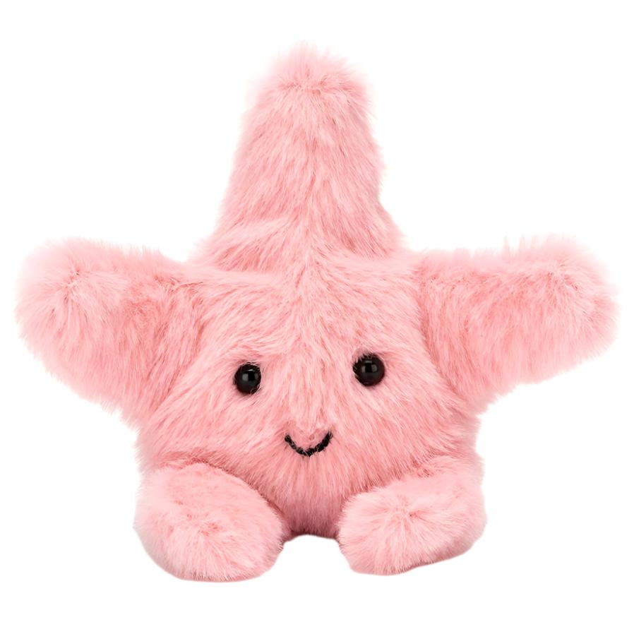 A pink, soft Fluffy Starfish plush by Jellycat with black button eyes and a stitched smile is shown against a white background.