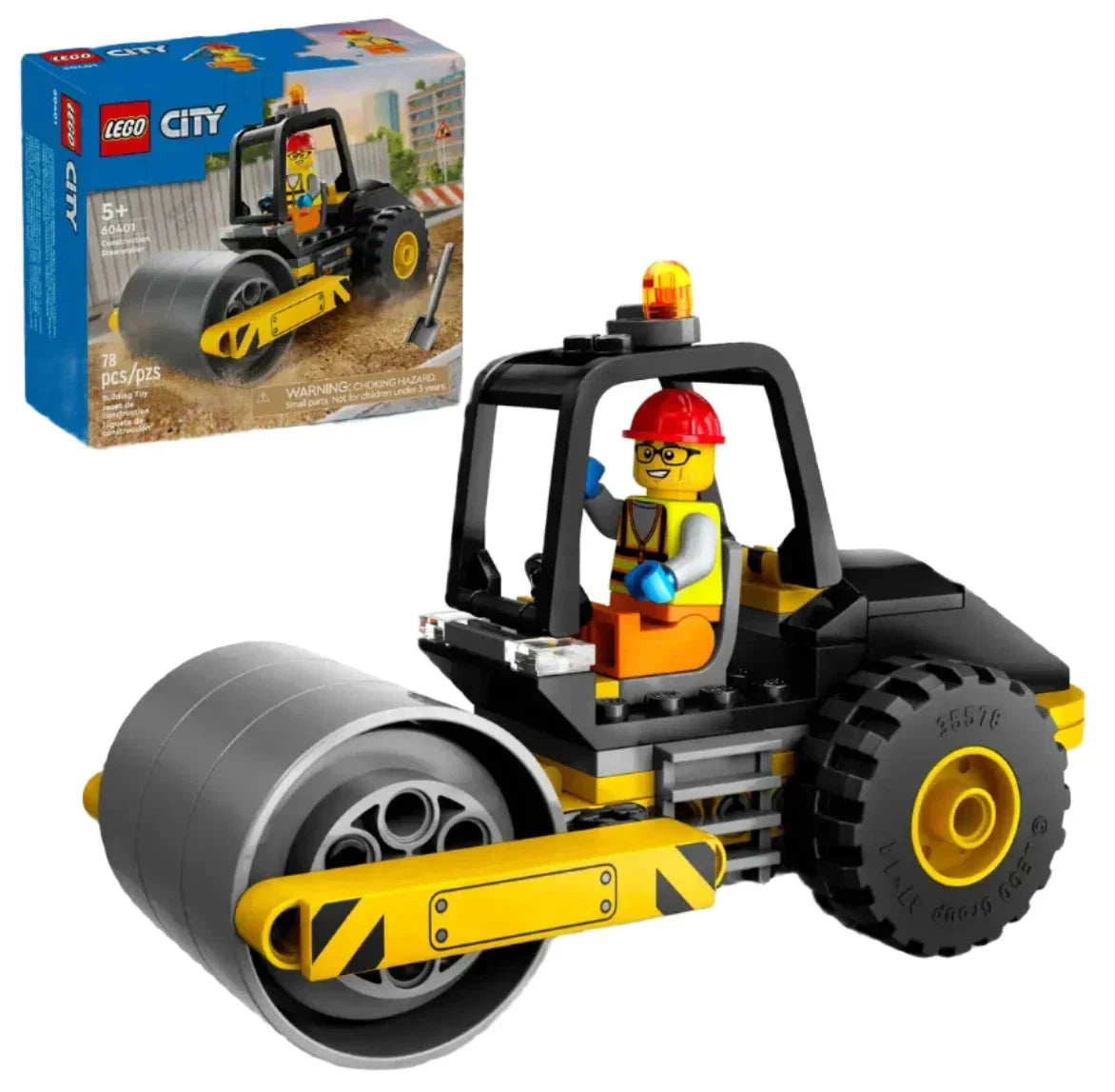 The LEGO® City Construction Steamroller from Legos - Toyhouse includes 78 pieces and features a yellow and black steamroller toy with a large front wheel. The set comes with a construction worker figurine and is shown with its box, showcasing the quality craftsmanship of the LEGO Group.