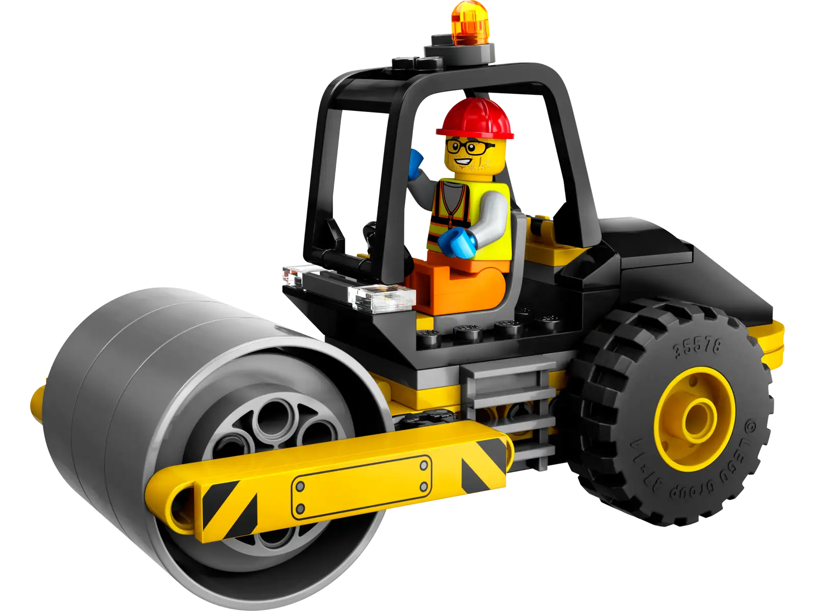 A minifigure from the LEGO® City Construction Steamroller set by Legos - Toyhouse operates a steamroller vehicle equipped with a large front cylinder and rear wheels. The minifigure is dressed in an orange vest, red helmet, and glasses, all while sporting a cheerful smile. Create your own bustling building scenario with this authentic Steamroller Toy from the LEGO Group.