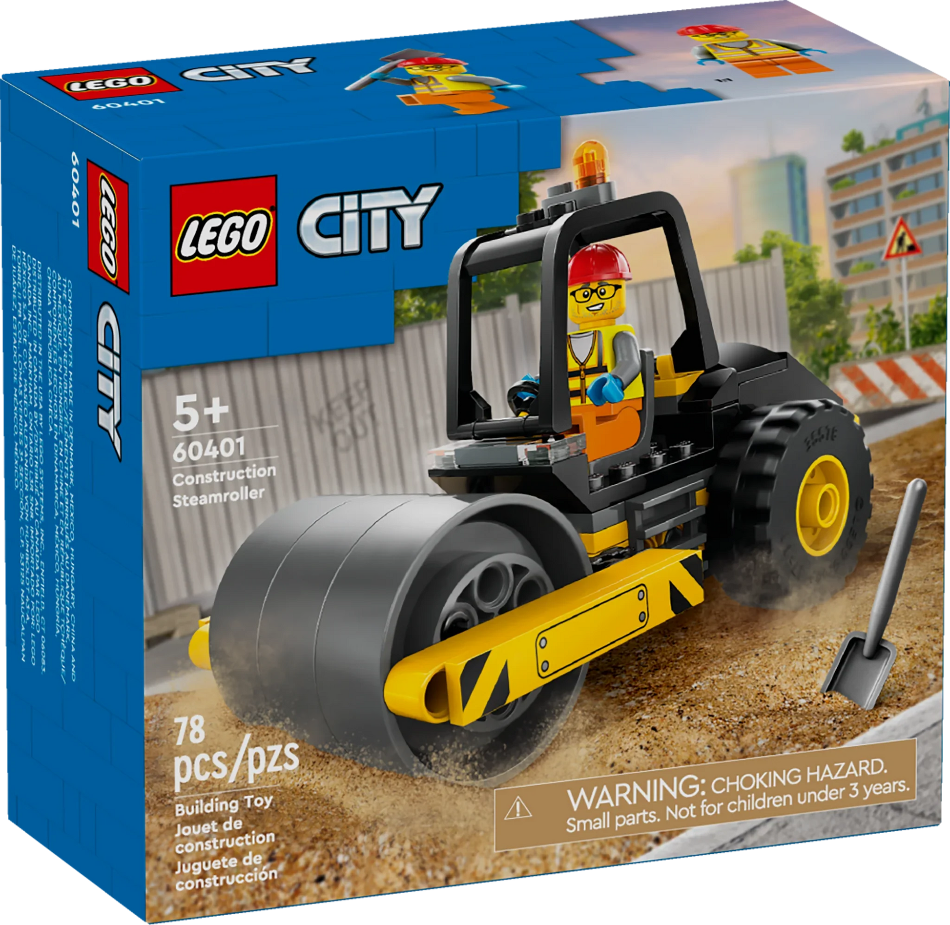 The LEGO® City Construction Steamroller set 60401 by Legos - Toyhouse includes a steamroller toy and a construction worker figure. Designed for ages 5 and up, this set contains 78 pieces.