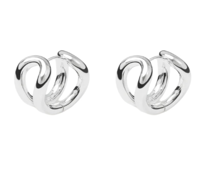 The Steffie Earrings by Lie Studio feature small, bold hoops with an intertwined abstract loop design in polished gold-plated sterling silver, shown on a white background.