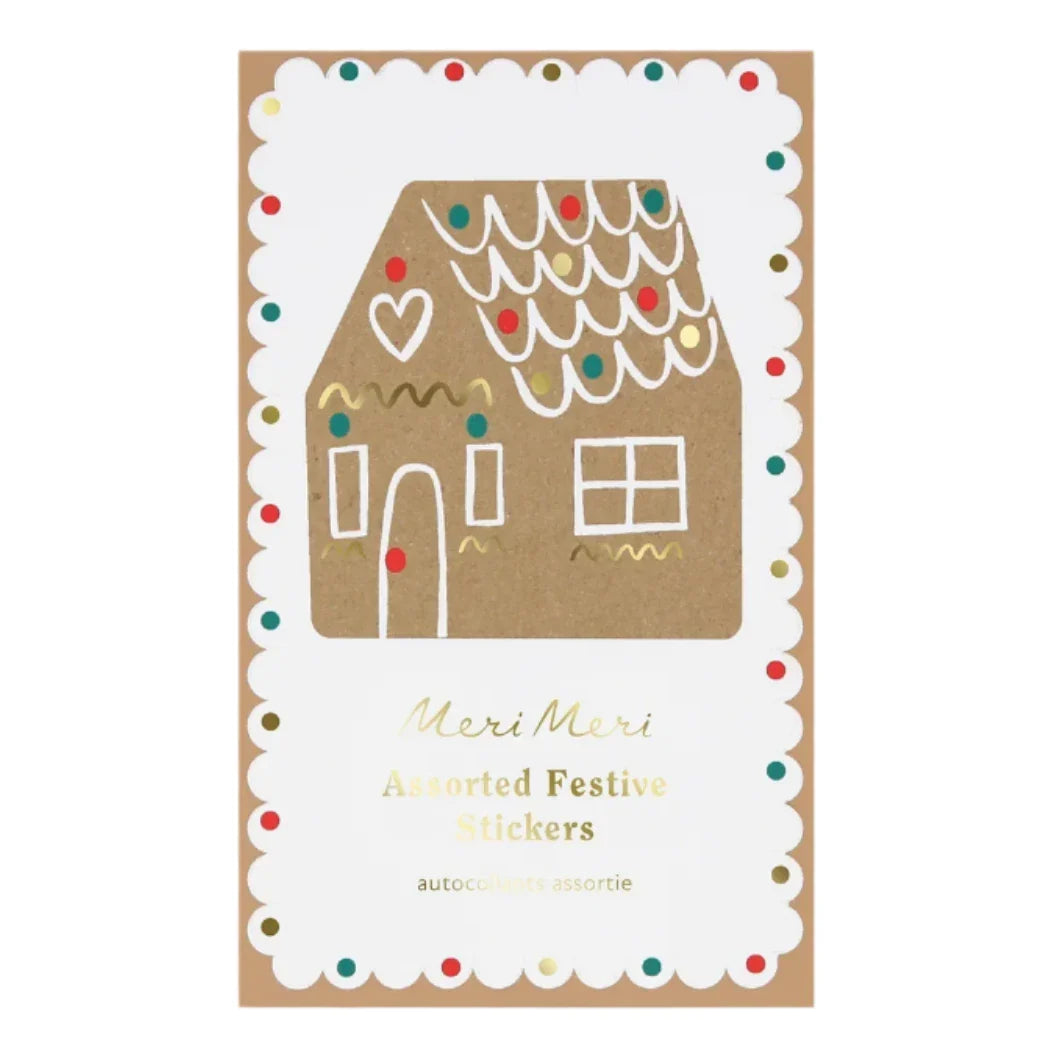 Meri Meri Gingerbread Stickers are a festive sticker pack that showcases a gingerbread house design with colorful dots and scalloped edges, making them perfect for enhancing your holiday decorations this Christmas.