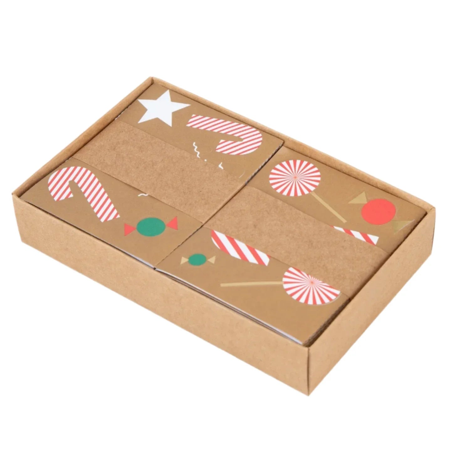 A collection of Meri Meri Gingerbread Stickers featuring festive designs like candy canes and lollipops, is neatly packaged in a larger cardboard tray, ideal for holiday decoration.