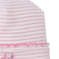 The Kissy Kissy Baby Fairway Foursome Striped Hat, made of soft Pima cotton, is pink and white with an embroidered pink car on the rim.