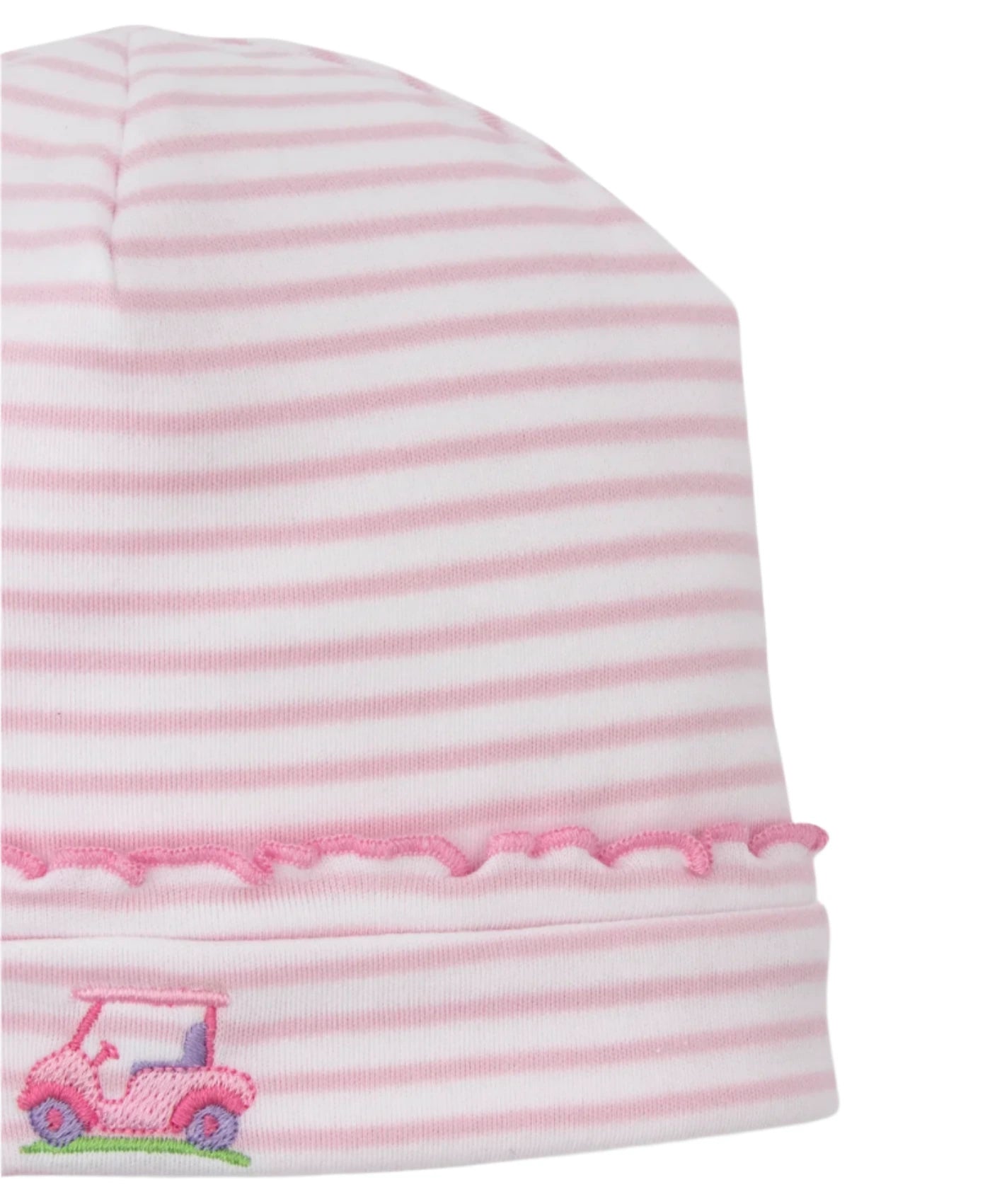 The Kissy Kissy Baby Fairway Foursome Striped Hat, made of soft Pima cotton, is pink and white with an embroidered pink car on the rim.