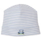 The Kissy Kissy Baby Fairway Foursome Striped Hat in light blue and white is crafted from soft Pima cotton, featuring an embroidered blue car design, perfect for keeping your baby cozy.