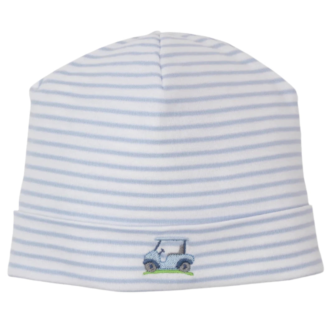 The Kissy Kissy Baby Fairway Foursome Striped Hat in light blue and white is crafted from soft Pima cotton, featuring an embroidered blue car design, perfect for keeping your baby cozy.