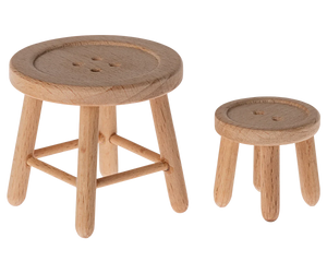 The Maileg Table and Stool Set, Mouse, features one table and one stool with button-patterned tops, natural wood finish, and four legs—ideal as a delightful mouse-sized furniture set for your Mouse Hole Farmhouse.