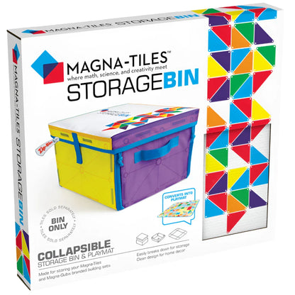 The MAGNA-TILES® Storage Bin & Interactive Play-Mat from Magnatiles is a vibrant geometric play-mat designed with translucent, multicolored magnetic tiles, including pyramids and cubes, ideal for STEAM learning activities.