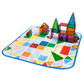 The MAGNA-TILES® Storage Bin & Interactive Play-Mat from Magnatiles is a vibrant geometric play-mat designed with translucent, multicolored magnetic tiles, including pyramids and cubes, ideal for STEAM learning activities.