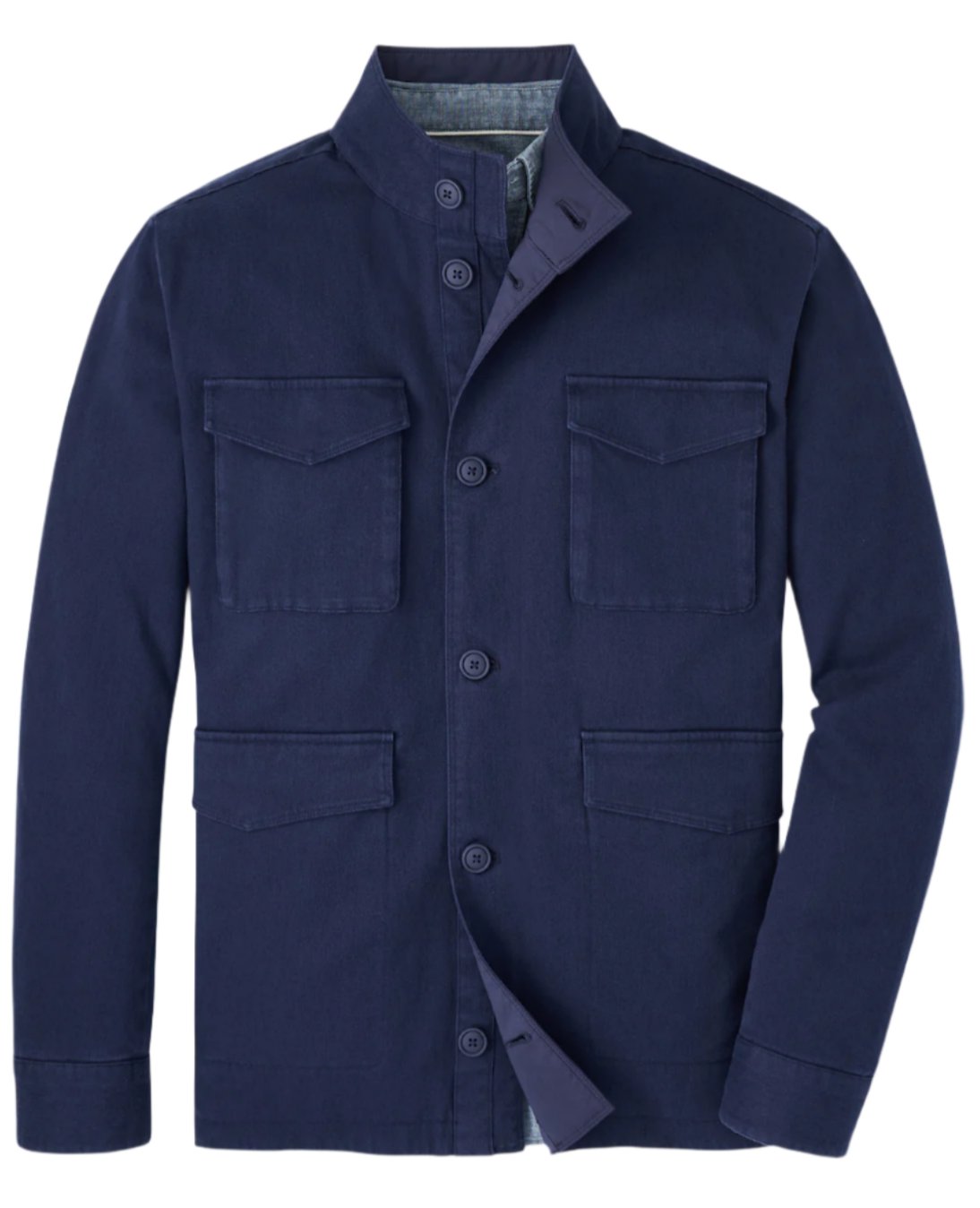 A Peter Millar navy blue Stowe Reversible Safari Jacket featuring a vintage look, stand-up collar, front button closure, and four flap pockets.