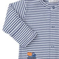 The Kissy Kissy Construction Crew Striped Footie is a cozy baby outfit made from soft Pima cotton, featuring blue and white stripes and adorned with a small embroidered cement truck near the bottom, offering a delightful construction-themed style.