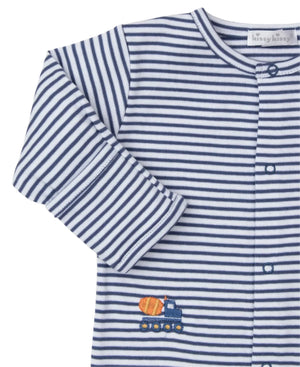 The Kissy Kissy Construction Crew Striped Footie is a cozy baby outfit made from soft Pima cotton, featuring blue and white stripes and adorned with a small embroidered cement truck near the bottom, offering a delightful construction-themed style.