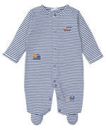 The Kissy Kissy Construction Crew Striped Footie by Kissy Kissy is a charming button-closure baby sleeper featuring small embroidered vehicles on the front, such as a cement mixer and an excavator. This construction-themed design comes in soothing blue and white tones and is crafted from soft Pima cotton for extra comfort.